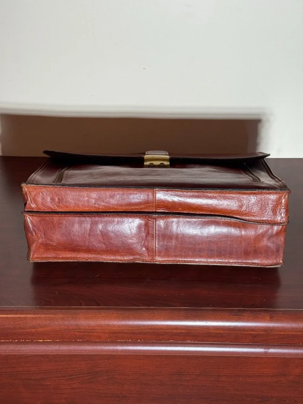 OLD ANGLER Cognac Italian Leather Brown Men's Flap Over Briefcase Made in Italy